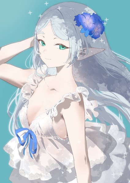 Anime picture 1240x1754 with sousou no frieren frieren salmon88 single long hair tall image looking at viewer fringe breasts simple background standing silver hair arm up hair flower aqua eyes light smile pointy ears sparkle arm behind head elf