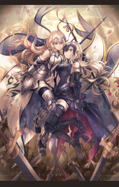 Anime picture 637x1000 with fate (series) fate/grand order fate/apocrypha jeanne d'arc (fate) (all) jeanne d'arc alter (fate) jeanne d'arc (fate) yunohito long hair tall image looking at viewer fringe breasts blue eyes blonde hair smile hair between eyes twintails multiple girls holding yellow eyes