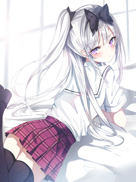 Anime picture 1800x2405 with original beckzawachi single long hair tall image looking at viewer blush fringe highres purple eyes payot silver hair bent knee (knees) indoors lying head tilt pleated skirt looking back from behind sunlight