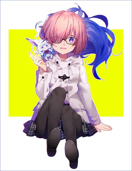 Anime picture 750x974 with fate (series) fate/grand order mash kyrielight fou (fate) hakusai (tiahszld) single tall image looking at viewer fringe short hair open mouth simple background white background sitting purple eyes pink hair long sleeves :d pleated skirt hair over one eye