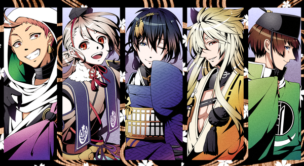 Anime picture 2362x1299 with touken ranbu nitroplus mikazuki munechika kogitsunemaru ima-no-tsurugi iwatooshi ishikirimaru sobobo long hair looking at viewer highres short hair open mouth blue eyes black hair blonde hair smile hair between eyes red eyes brown hair