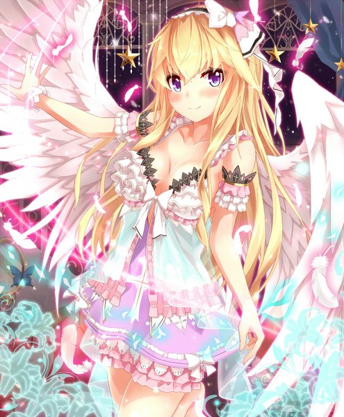 Anime picture 825x1000 with original takanashi kei (hitsujikan) single long hair tall image looking at viewer blush light erotic blonde hair smile purple eyes girl dress flower (flowers) wings frills feather (feathers)