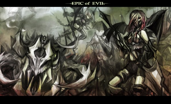 Anime picture 1680x1024 with original allenkung1 long hair highres black hair wide image twintails multiple girls grey hair black wings girl weapon 2 girls detached sleeves wings monster spear