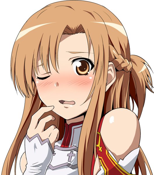 Anime picture 1700x1930 with sword art online a-1 pictures yuuki asuna single long hair tall image blush simple background brown hair white background bare shoulders brown eyes one eye closed wink girl