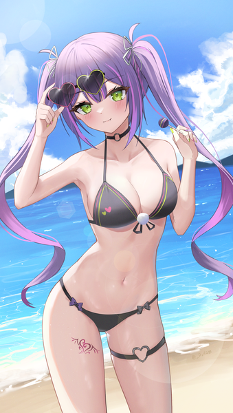 Anime picture 1511x2671 with virtual youtuber hololive tokoyami towa doham single long hair tall image looking at viewer blush fringe breasts light erotic smile large breasts standing twintails green eyes payot sky purple hair