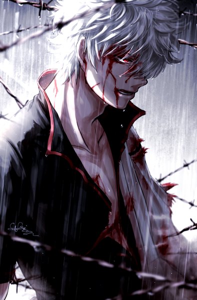Anime picture 788x1200 with gintama sunrise (studio) sakata gintoki aya shiro423 single tall image fringe short hair open mouth hair between eyes red eyes signed looking away upper body outdoors white hair rain serious blood on face bloody clothes