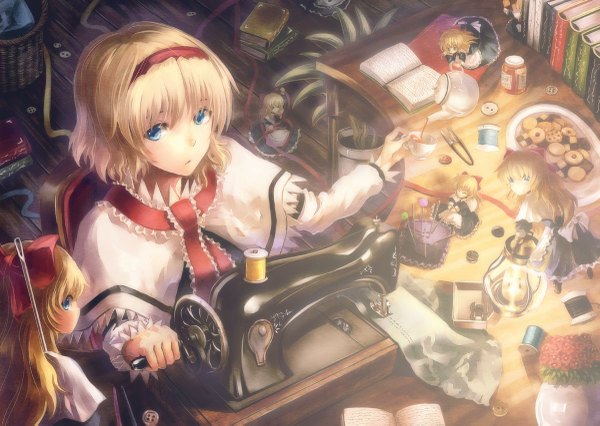 Anime picture 1200x853 with touhou alice margatroid shanghai hyuuga azuri long hair short hair blue eyes blonde hair girl dress flower (flowers) bow ribbon (ribbons) hair bow food hairband sweets book (books) buttons table