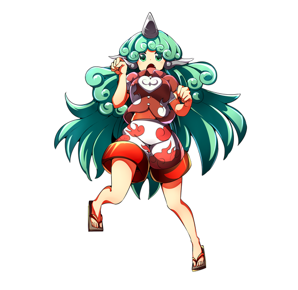 Anime picture 7202x7014 with touhou komano aun baba (baba seimaijo) single long hair looking at viewer highres open mouth green eyes animal ears absurdres full body horn (horns) green hair transparent background cat pose girl shirt shorts geta