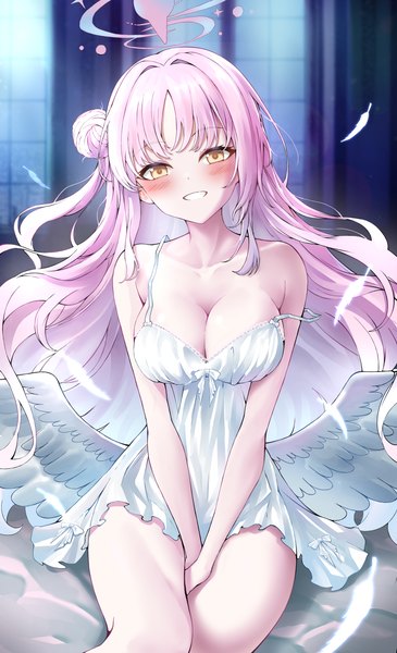 Anime picture 2600x4275 with blue archive mika (blue archive) lds (dstwins97) single long hair tall image looking at viewer blush fringe highres breasts light erotic smile large breasts sitting bare shoulders yellow eyes pink hair cleavage indoors