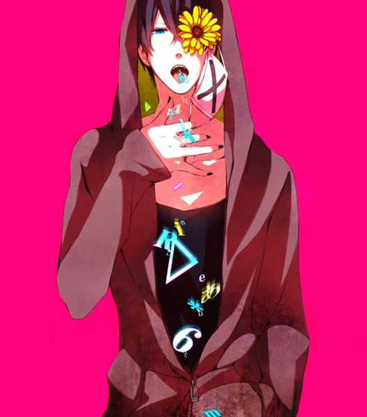 Anime picture 1133x1287 with nico nico singer fukuwa koori ichi single tall image looking at viewer short hair open mouth blue eyes simple background purple hair nail polish pink background hand in pocket boy flower (flowers) tongue hood mask t-shirt