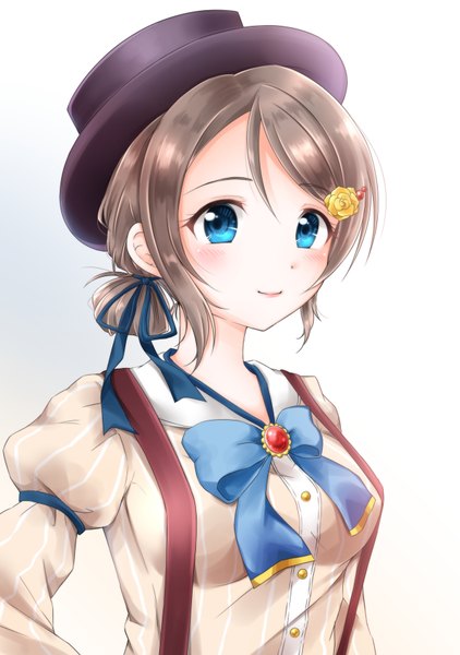 Anime picture 2550x3624 with love live! sunshine!! sunrise (studio) love live! watanabe you rin5325 single tall image looking at viewer blush highres short hair breasts blue eyes simple background brown hair large breasts white background ponytail light smile hair bun (hair buns)
