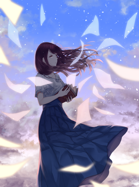 Anime picture 1750x2343 with utaha-san wa betsure no uta wo yomi hajimeru saitou (lynx-shrike) single tall image highres breasts brown hair standing holding brown eyes looking away sky cloud (clouds) profile wind short sleeves sad girl dress skirt