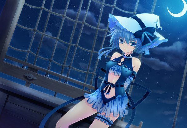 Anime picture 1370x942 with futsuno fantasy short hair blue eyes blue hair game cg night girl dress ribbon (ribbons) hat detached sleeves