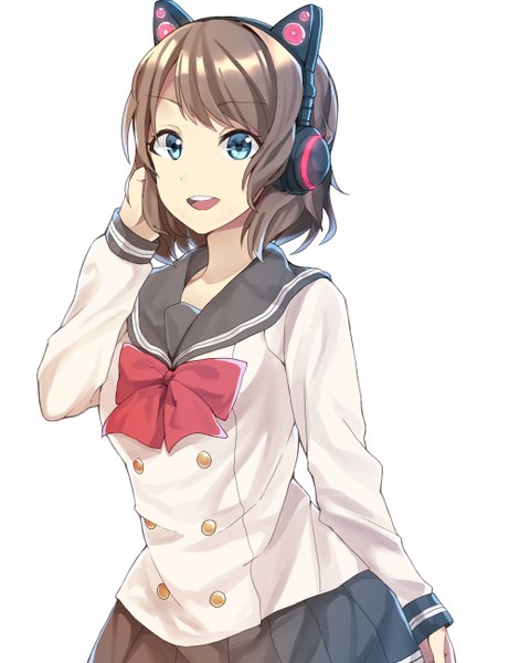 Anime-Bild 1000x1300 mit love live! sunshine!! sunrise (studio) love live! axent wear headphones watanabe you nyan721 single tall image looking at viewer fringe short hair open mouth blue eyes simple background smile brown hair standing white background animal ears :d