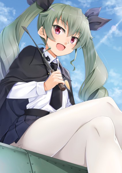 Anime picture 827x1169 with girls und panzer anchovy (girls und panzer) miri (ago550421) single long hair tall image looking at viewer blush open mouth sitting twintails signed sky pink eyes green hair crossed legs drill hair girl skirt bow