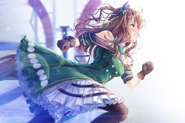 Anime picture 2261x1500 with umamusume king halo (umamusume) akashio (loli ace) single long hair looking at viewer blush fringe highres brown hair brown eyes animal ears looking away tail animal tail profile off shoulder sparkle sweat one side up