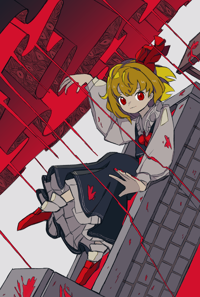 Anime picture 2184x3235 with touhou rumia neruzou single tall image looking at viewer highres short hair blonde hair red eyes partially submerged sideways girl ribbon (ribbons) hair ribbon blood