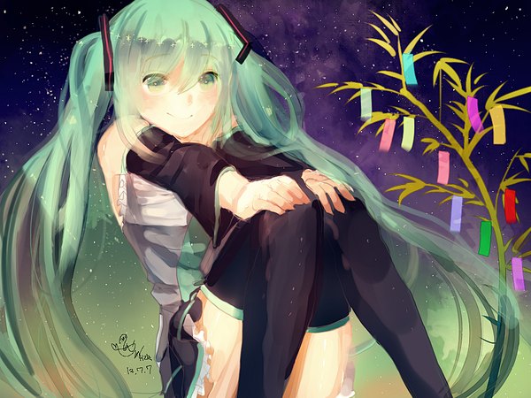 Anime picture 1024x768 with vocaloid hatsune miku hzrn (ymj924) single long hair blush smile sitting twintails bare shoulders looking away sky aqua eyes aqua hair knees touching tanabata girl skirt plant (plants) star (stars)