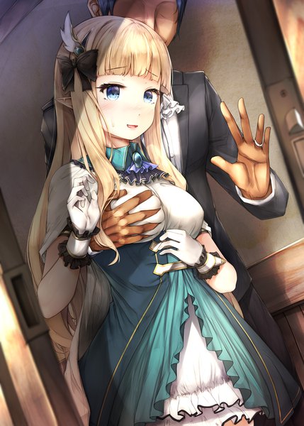 Anime picture 1430x2000 with princess connect! re:dive princess connect! saren (princess connect!) sugiyuu long hair tall image blush fringe short hair open mouth blue eyes light erotic blonde hair standing looking away indoors blunt bangs pointy ears mole dutch angle