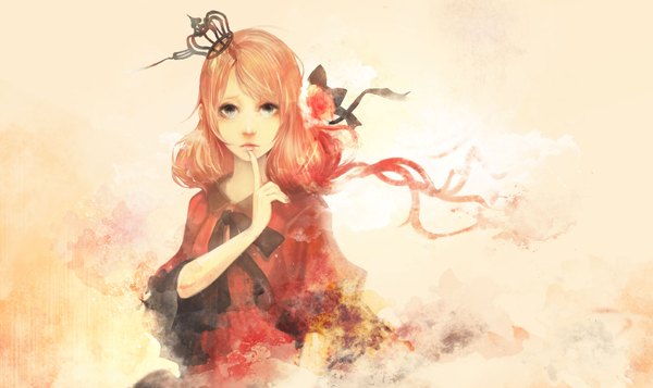 Anime picture 2000x1192 with original xxxxaki single long hair looking at viewer highres wide image red hair hair flower black eyes girl dress hair ornament ribbon (ribbons) hair ribbon crown