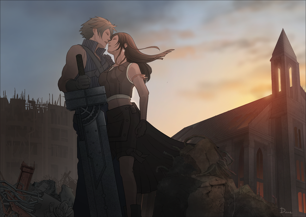 Anime picture 1250x886 with final fantasy final fantasy vii square enix tifa lockhart cloud strife yuu (dune) long hair short hair blonde hair brown hair standing bare shoulders signed sky eyes closed sleeveless couple evening sunset open collar