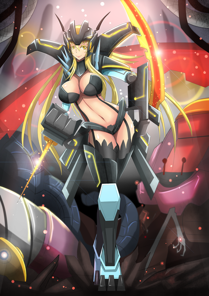 Anime picture 1447x2046 with league of legends kha'zix (league of legends) torahime (roland00) single long hair tall image breasts light erotic blonde hair smile large breasts yellow eyes looking away cleavage genderswap mechanical girl navel