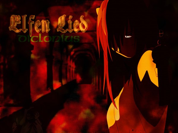 Anime picture 1600x1200 with elfen lied arms corporation lucy lynn okamoto (artist) looking at viewer fringe red eyes red hair hair over one eye inscription wallpaper red background girl weapon gun pistol