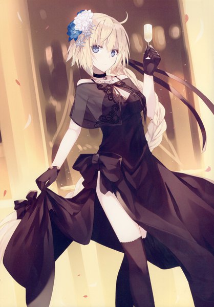 Anime picture 2517x3613 with fate (series) fate/grand order jeanne d'arc (fate) (all) jeanne d'arc (formal dress) (fate) nagishiro mito single tall image looking at viewer fringe highres breasts blue eyes blonde hair smile hair between eyes standing holding payot cleavage ahoge