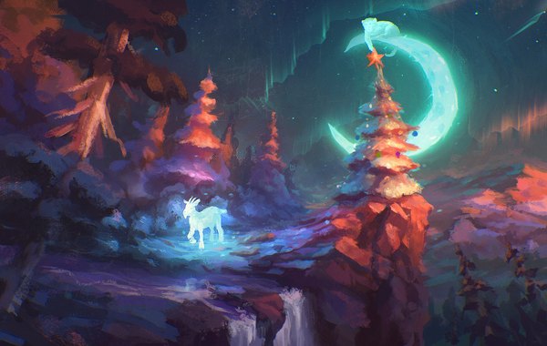 Anime picture 2000x1269 with original sylar113 highres sky night glowing mountain no people new year walking crescent rock waterfall aurora borealis plant (plants) animal tree (trees) water moon star (stars)