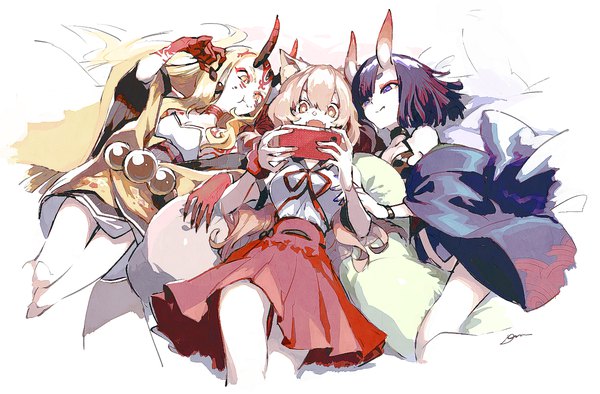 Anime picture 1328x874 with fate (series) fate/grand order fate/extra ccc fox tail shuten douji (fate) ibaraki douji (fate) suzuka gozen (fate) domu (hamadura) long hair fringe short hair breasts open mouth light erotic blonde hair hair between eyes brown hair large breasts purple eyes multiple girls holding