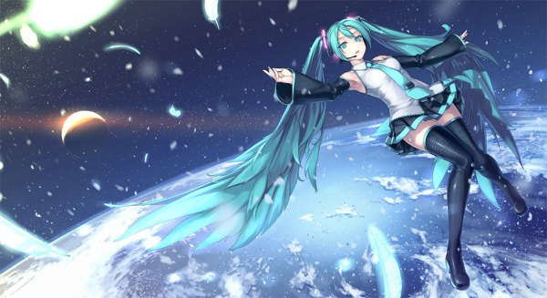 Anime-Bild 1200x654 mit vocaloid hatsune miku rokuwata tomoe single looking at viewer fringe breasts open mouth wide image twintails bent knee (knees) very long hair pleated skirt aqua eyes aqua hair wide sleeves sparkle zettai ryouiki girl skirt