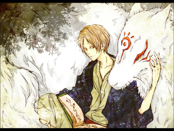 Anime picture 800x600 with natsume yuujinchou brains base (studio) natsume takashi madara (nyanko-sensei) short hair brown hair brown eyes looking away traditional clothes japanese clothes boy animal book (books)