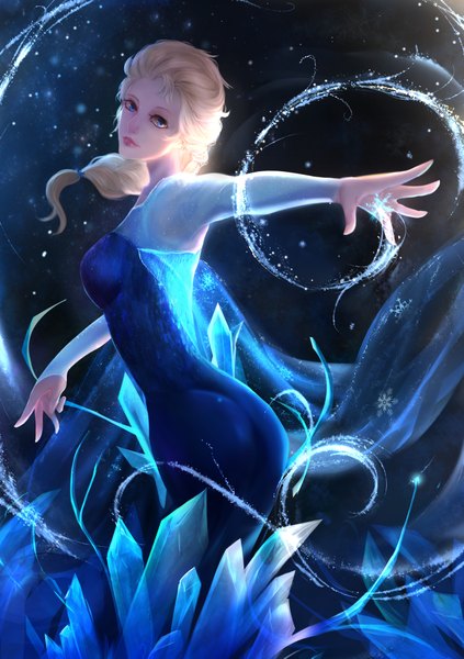 Anime picture 2913x4133 with frozen (disney) disney elsa (frozen) yuuko single long hair tall image highres breasts blue eyes blonde hair lips magic snowing side braid girl dress snowflake (snowflakes) blue dress ice