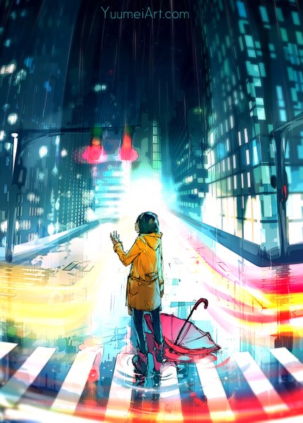 Anime picture 1000x1394 with original yuumei single tall image short hair black hair standing profile arm up from behind night night sky city reflection rain cityscape city lights crosswalk girl boots