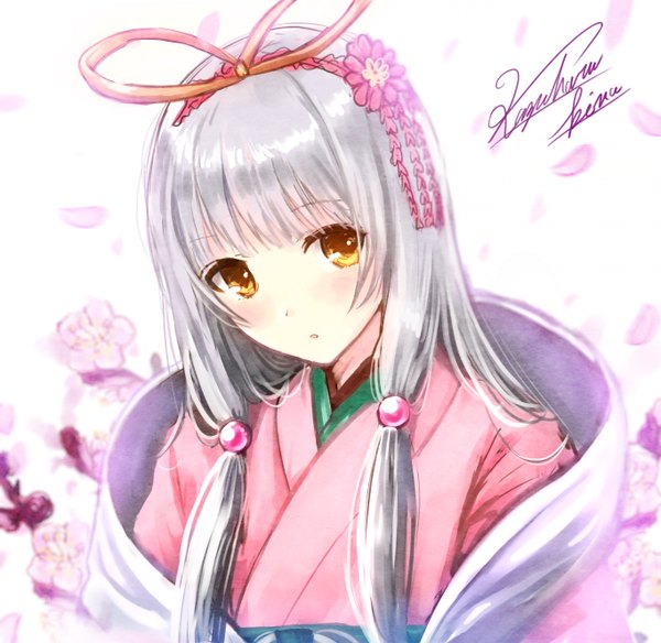 Anime picture 1364x1328 with original kazuharu kina single long hair blush fringe signed yellow eyes looking away silver hair traditional clothes japanese clothes blurry girl hair ornament flower (flowers) petals hair tie yukata hair bobbles