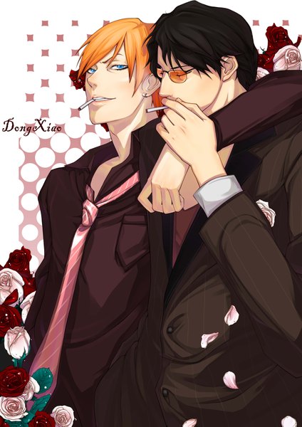 Anime picture 2894x4093 with original dong xiao tall image looking at viewer highres short hair blue eyes black hair simple background smile standing white background eyes closed orange hair multiple boys couple hug open collar polka dot shounen ai