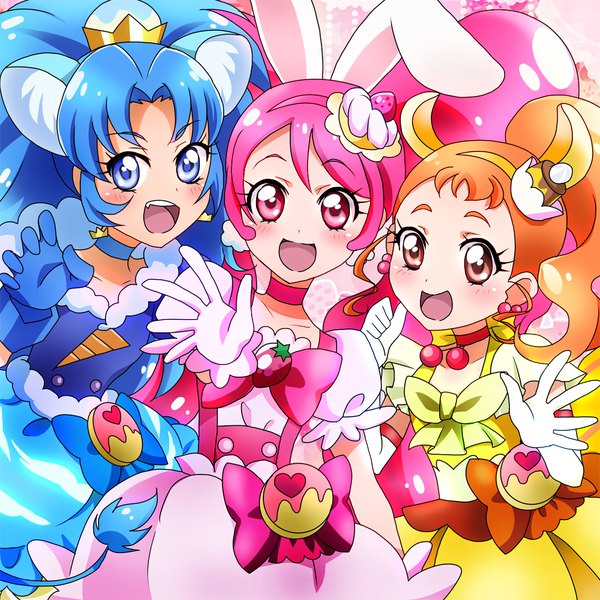 Anime picture 1000x1000 with precure kirakira precure a la mode toei animation usami ichika cure whip arisugawa himari tategami aoi cure custard cure gelato masako (sabotage-mode) long hair blush open mouth blue eyes red eyes twintails multiple girls animal ears blue hair pink hair