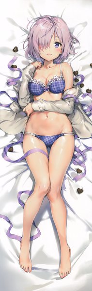 Anime picture 2310x7295 with fate (series) fate/grand order mash kyrielight anmi single tall image looking at viewer blush fringe highres short hair breasts open mouth light erotic simple background smile large breasts purple eyes bare shoulders cleavage