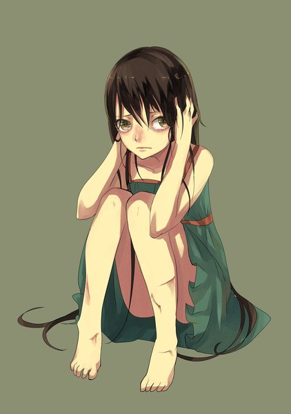 Anime picture 2600x3700 with original tomaeda (bravered) long hair tall image highres brown hair sitting bare shoulders brown eyes looking away girl dress