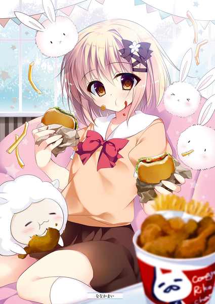 Anime picture 1451x2048 with alice or alice kfc (company) mako (alice or alice) nanaka mai single tall image looking at viewer blush fringe short hair blonde hair hair between eyes sitting holding signed yellow eyes scan short sleeves zettai ryouiki wariza