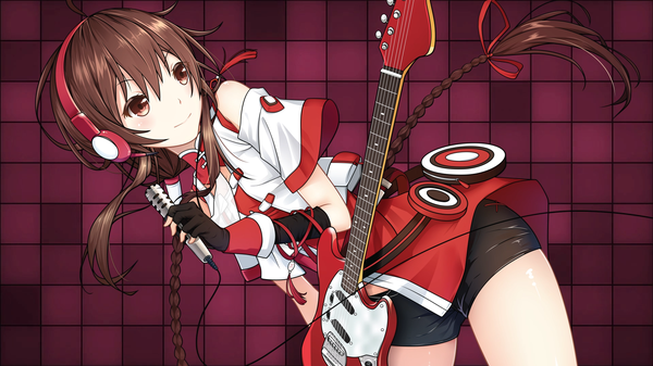 イラスト 1919x1079 と ボーカロイド vocaloid china 乐正绫 quan (kurisu tina) ソロ 長髪 highres 笑顔 茶色の髪 wide image 茶目 looking away 三つ編み leaning twin braids purple background 女の子 手袋 リボン ヘアリボン