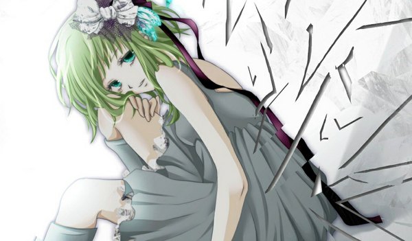 Anime picture 1024x600 with vocaloid gumi single looking at viewer fringe short hair open mouth wide image aqua eyes green hair broken girl dress hair ornament bow ribbon (ribbons) hair bow hair ribbon thigh boots