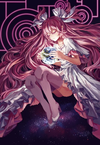 Anime picture 1827x2656 with mahou shoujo madoka magica shaft (studio) kaname madoka goddess madoka lama-pacos single long hair tall image fringe highres twintails holding pink hair eyes closed high heels wavy hair weightlessness starry sky print space print girl