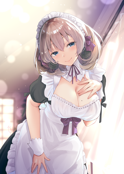 Anime picture 2591x3624 with original narushima kanna single tall image looking at viewer blush fringe highres short hair breasts blue eyes light erotic smile hair between eyes brown hair large breasts standing signed cleavage indoors
