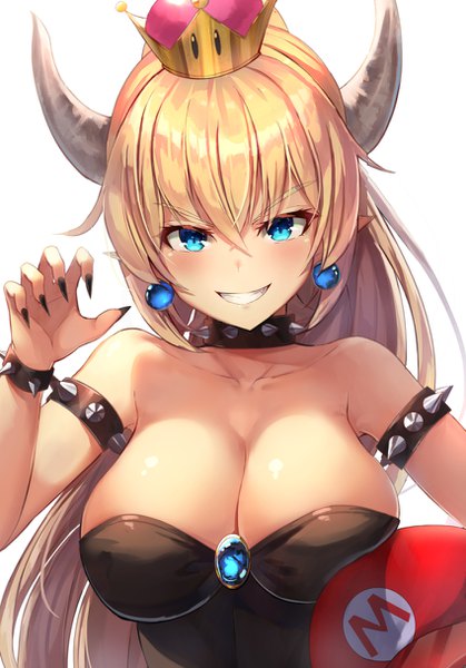 Anime picture 850x1217 with super mario bros. new super mario bros. u deluxe bowsette motokonut single long hair tall image looking at viewer blush fringe breasts blue eyes light erotic simple background blonde hair smile hair between eyes large breasts white background bare shoulders