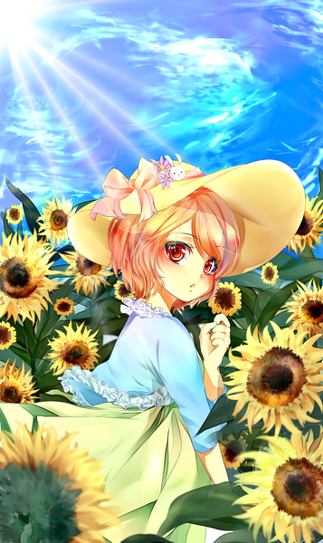Anime picture 1250x2100 with itemilicious single tall image looking at viewer blush short hair red eyes sky cloud (clouds) orange hair girl flower (flowers) bow hat sun sunflower
