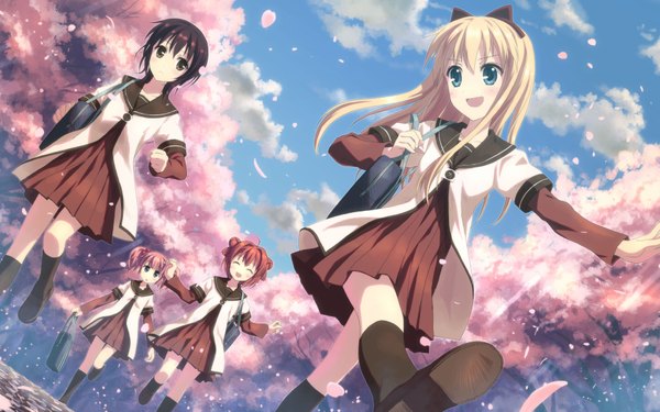 Anime picture 1920x1200 with yuru yuri doga kobo toshinou kyouko akaza akari yoshikawa chinatsu funami yui yuuki tatsuya long hair highres short hair blue eyes black hair blonde hair wide image multiple girls pink hair red hair black eyes cherry blossoms group