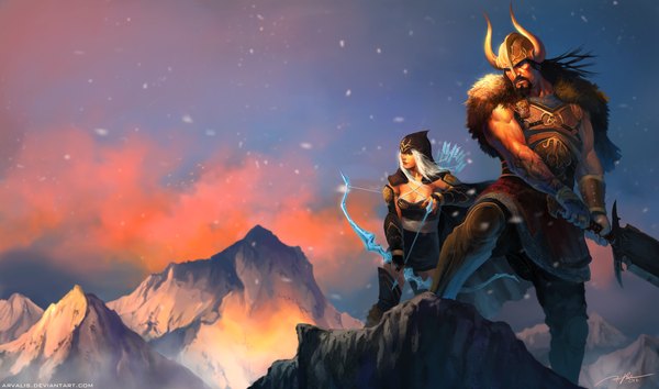 Anime picture 4500x2656 with league of legends ashe (league of legends) tryndamere (league of legends) long hair highres breasts black hair blonde hair wide image absurdres cloud (clouds) horn (horns) snowing winter snow mountain girl boy weapon sword
