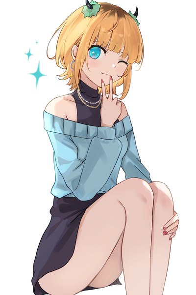 Anime picture 1502x2252 with oshi no ko memcho ponzu pon9 single tall image looking at viewer short hair blue eyes light erotic simple background blonde hair white background sitting bare shoulders nail polish one eye closed horn (horns) wink bare legs victory