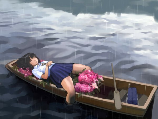 Anime picture 1024x768 with original togusa masamu single fringe short hair black hair rain girl uniform flower (flowers) school uniform water cross watercraft boat